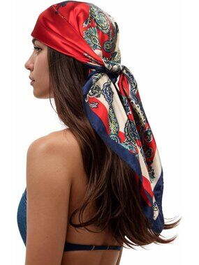 Women's Red Navy Printed Square Scarf Bandanas Hair Scarf 35 Inches